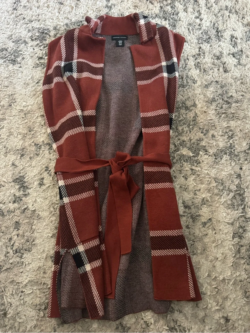 Adrienne Vittadini Rust Plaid Sleeveless Tie-Waist Cardigan